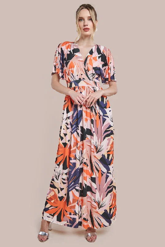 "Petite women's dresses with flattering fits"Goddiva Floral Print Flutter Sleeve Maxi - Orange Print