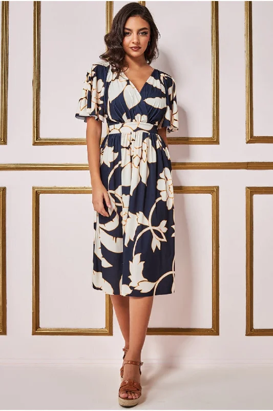 "Comfortable maternity dresses for pregnant women"Goddiva Leaf Print Flutter Sleeve Midi - Navy