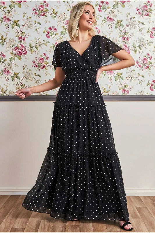 "Elegant wedding guest dresses for women under $100"Goddiva Polka Dot Tiered Chiffon Maxi Dress - Black