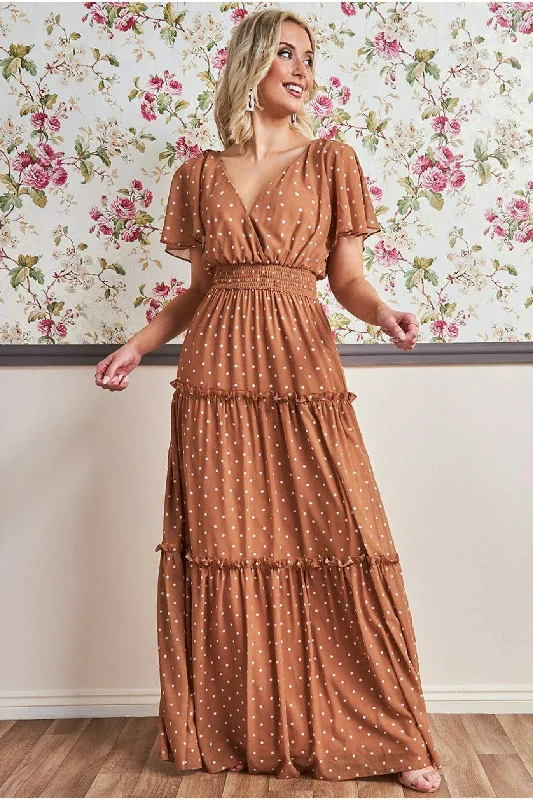 "Bundle and Save: Buy Multiple Women's Dresses and Get a Discount"Goddiva Polka Dot Tiered Chiffon Maxi Dress - Brown