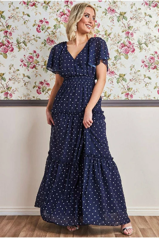 "Affordable plus size women's summer dresses"Goddiva Polka Dot Tiered Chiffon Maxi Dress - Navy