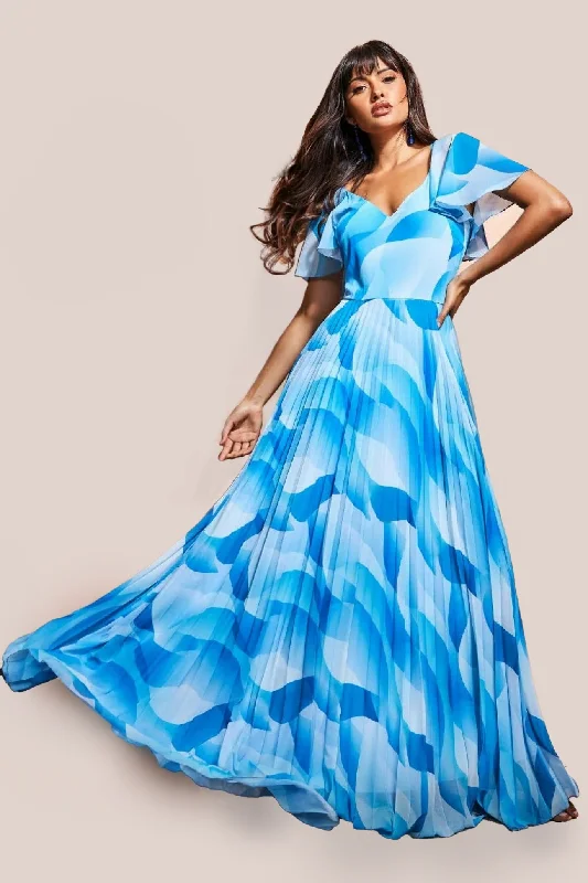 "Trendy casual dresses for women to wear at the beach"Goddiva Printed Chiffon Pleated Maxi Dress - Blue