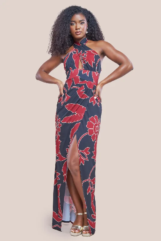 "Maxi dresses for women to wear in the fall"Goddiva Printed Crossover Maxi Dress - Black