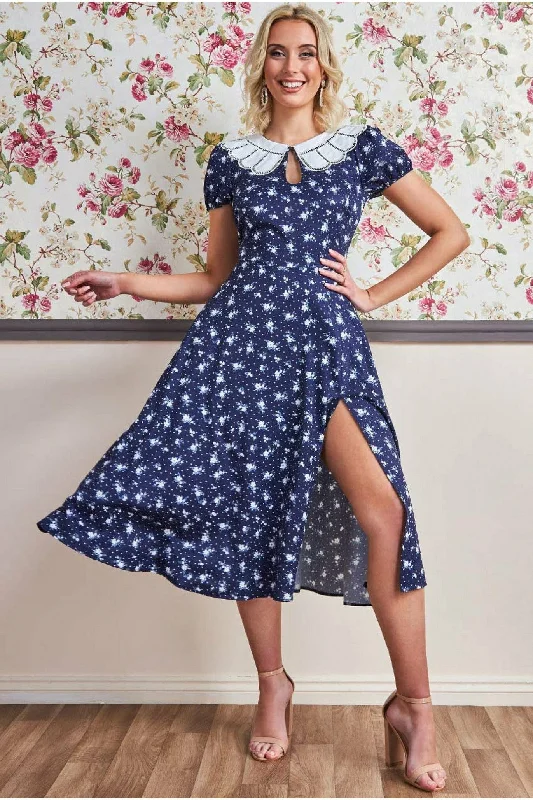 "Work - appropriate dresses for professional women"Goddiva Printed Midi With Front Split - Navy