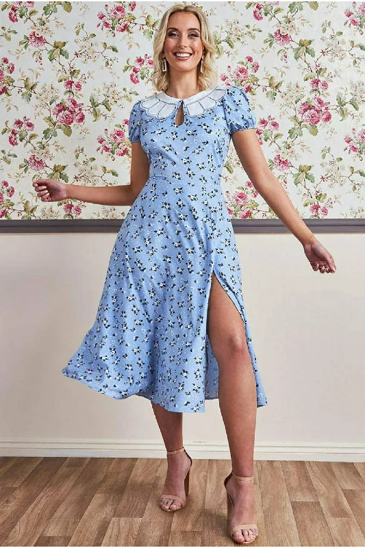 "Plus size formal dresses for women for special events"Goddiva Printed Midi With Front Split - Powder Blue