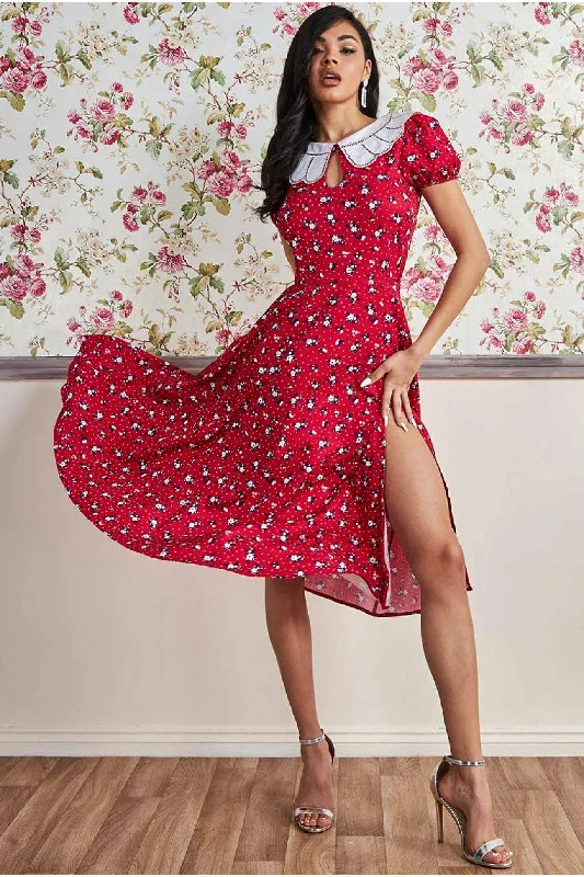 "Vintage - look women's dresses for a retro charm"Goddiva Printed Midi With Front Split - Red