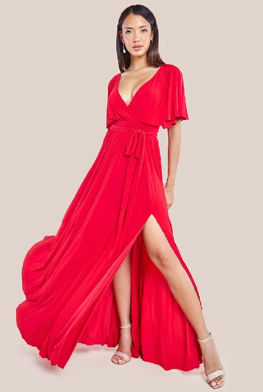 "Bohemian - style women's dresses for music festivals"Goddiva Wrap Front Maxi With Flutter Sleeves - Red