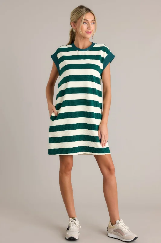 "Off - shoulder dresses for women to show off collarbones"Harmony Horizon Forest Green Stripe Cap Sleeve Mini Dress "Off - shoulder dresses for women to show off collarbones"Harmony Horizon Forest Green Stripe Cap Sleeve Mini Dress