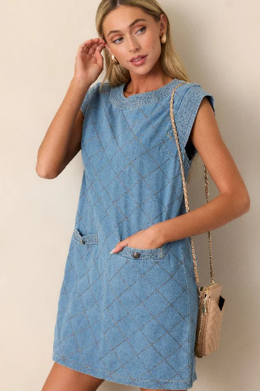 "Elegant wedding guest dresses for women under $100"Just Wondering Light Chambray Quilted Mini Dress "Elegant wedding guest dresses for women under $100"Just Wondering Light Chambray Quilted Mini Dress