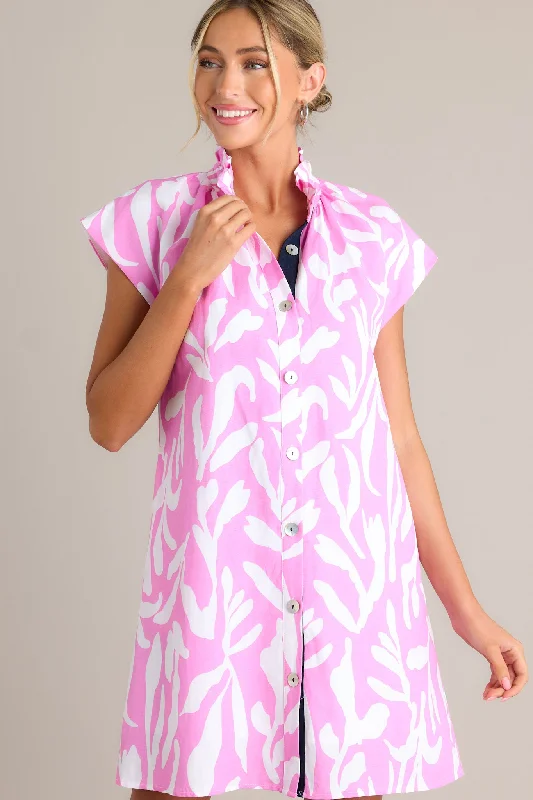 "Floral print dresses for women for a feminine look"Life's Compass Pink Abstract Floral Button Front Mini Dress "Floral print dresses for women for a feminine look"Life's Compass Pink Abstract Floral Button Front Mini Dress