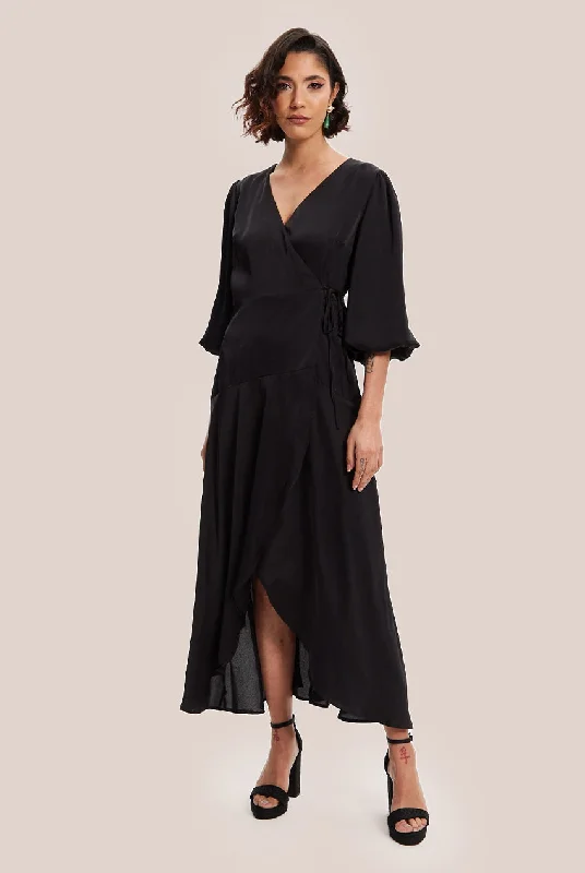 "Sleeveless dresses for women during hot summer days"Liquorish Black Midi Wrap Dress With Short Puff Sleeves "Sleeveless dresses for women during hot summer days"Liquorish Black Midi Wrap Dress With Short Puff Sleeves