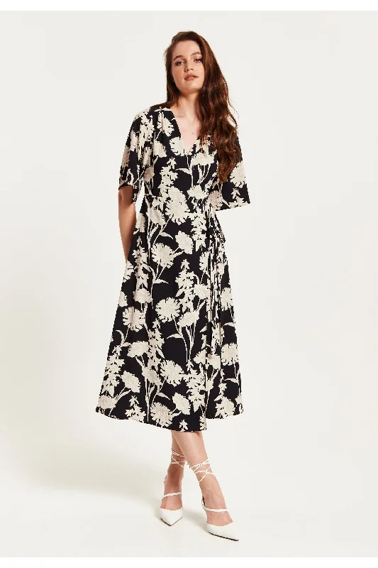 "Sustainable and eco - friendly women's dresses"Liquorish Floral Print Midi Wrap Dress With Kimono Sleeves "Sustainable and eco - friendly women's dresses"Liquorish Floral Print Midi Wrap Dress With Kimono Sleeves
