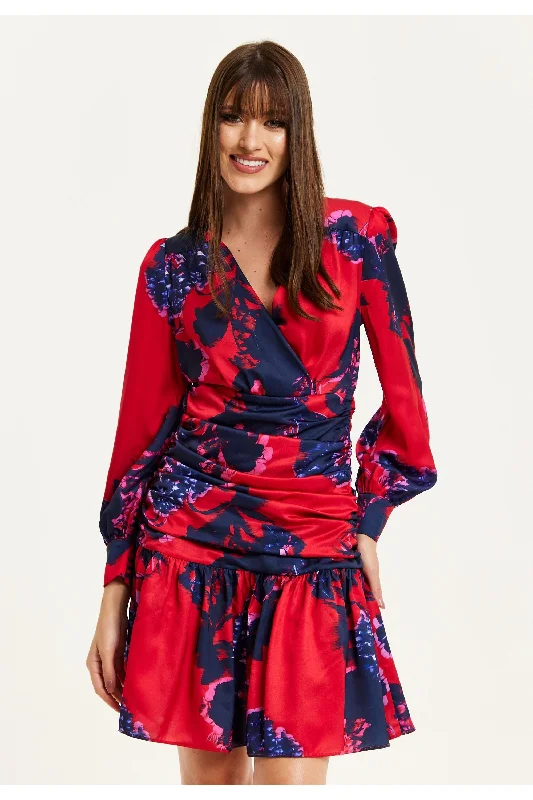 "Sequined dresses for women to shine at parties"Liquorish Floral Print Red Mini Dress With Long Sleeves "Sequined dresses for women to shine at parties"Liquorish Floral Print Red Mini Dress With Long Sleeves