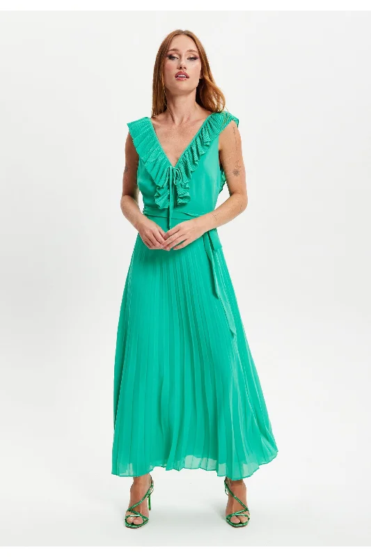 "A - line dresses for women to flatter the figure"Liquorish Frilled V Neck Sleeveless Pleated Maxi Dress "A - line dresses for women to flatter the figure"Liquorish Frilled V Neck Sleeveless Pleated Maxi Dress
