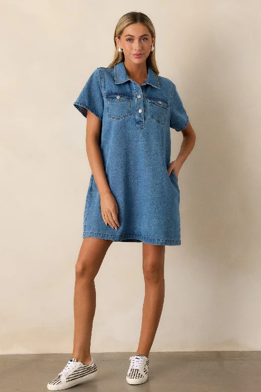 "Petite women's dresses with flattering fits"Midnight City Denim Short Sleeve Mini Dress "Petite women's dresses with flattering fits"Midnight City Denim Short Sleeve Mini Dress