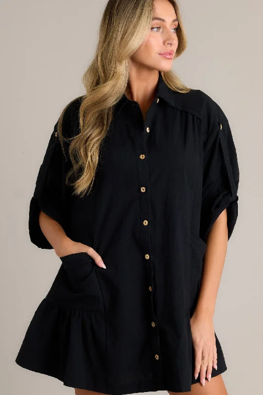 "Chiffon dresses for women with a flowy and light feel"Posh Vision 100% Cotton Black Button Front Mini Dress