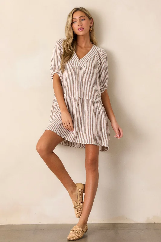"Bundle and Save: Buy Multiple Women's Dresses and Get a Discount"Quick To Smile 100% Cotton Brown Stripe Mini Dress