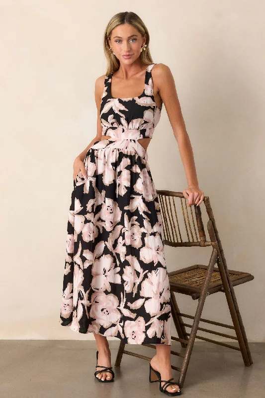 "Sustainable and eco - friendly women's dresses"Radiant Day Black Floral Cutout Maxi Dress