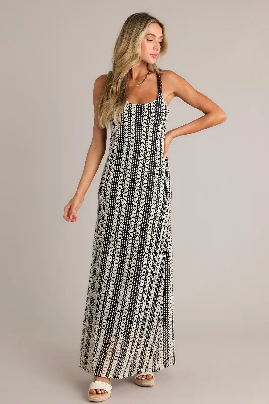 "Striped dresses for women with a classic touch"Regal Rhapsody 100% Cotton Black Stripe Knit Maxi Dress