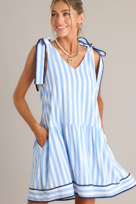 "Petite women's dresses with flattering fits"Ripple Effect Blue Stripe Mini Dress
