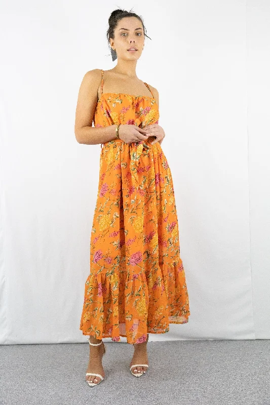 "Flash Sale: Grab Your Favorite Women's Dresses at Unbeatable Prices!"Signage Orange Strappy Floral Tiered Maxi Dress With Tie Belt