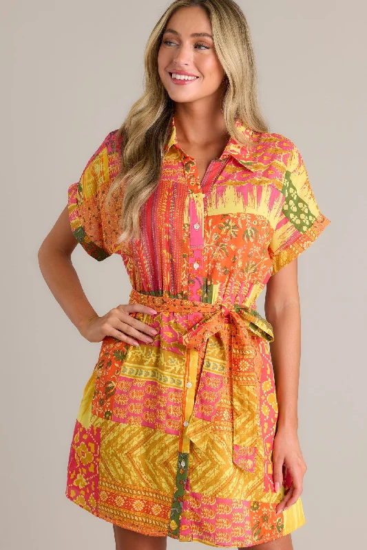 "Wrap dresses for women for an adjustable fit"Sunset Paintings 100% Cotton Orange Multi Mini Dress "Wrap dresses for women for an adjustable fit"Sunset Paintings 100% Cotton Orange Multi Mini Dress