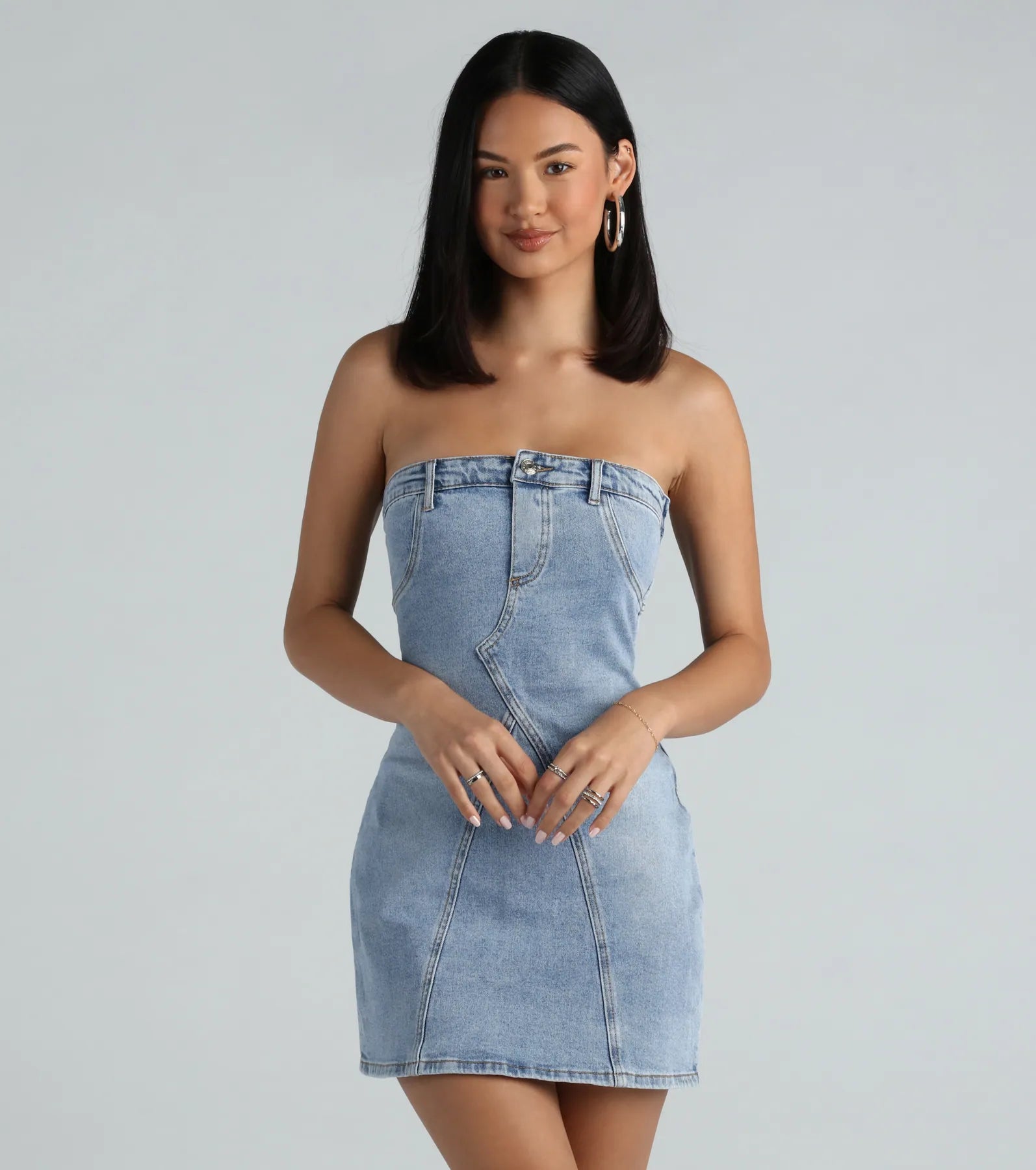 "Short dresses for women for a night out clubbing"The 90s Are Calling Denim Strapless Mini Dress