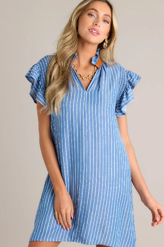 "Stylish cocktail dresses for women on a budget"The Small Things Blue Stripe Flutter Sleeve Mini Dress