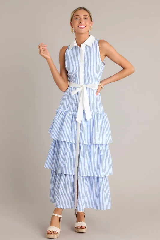 "Trendy casual dresses for women to wear at the beach"Treasure Trove Blue Stripe Button Front Maxi Dress "Trendy casual dresses for women to wear at the beach"Treasure Trove Blue Stripe Button Front Maxi Dress