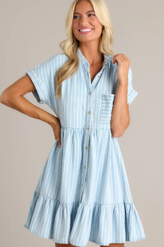 "Bodycon dresses for women to show off curves"Whispering Waves Chambray Stripe Short Sleeve Mini Dress