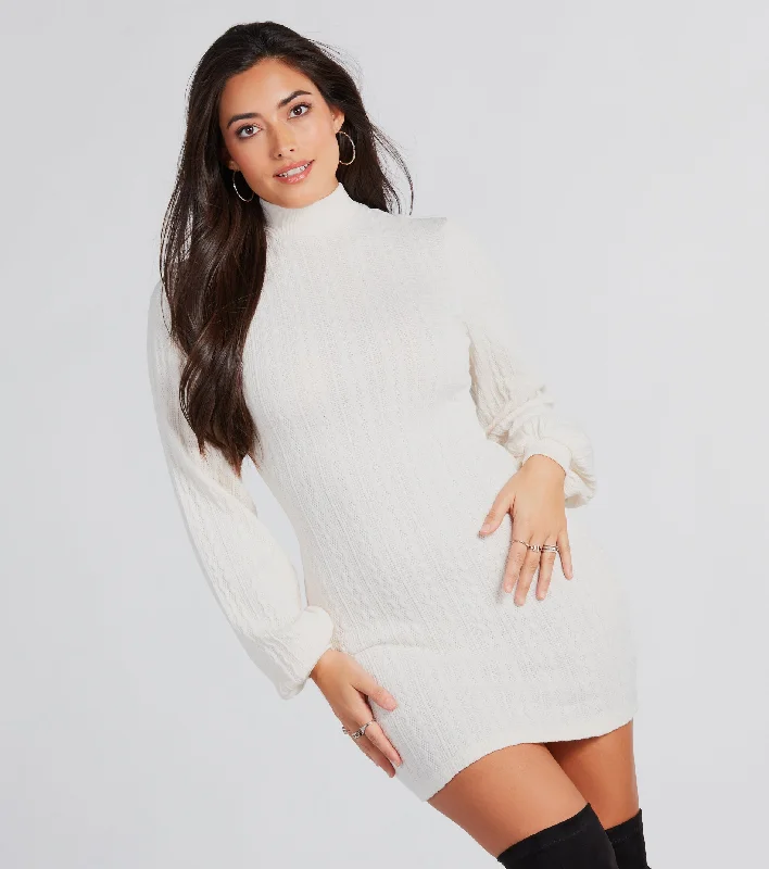 "Denim dresses for women for a casual and cool style"Winter Beauty Cable Knit Mock Neck Mini Dress