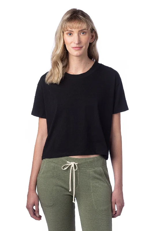 Long - length women's T - shirt to wear as a cover - upAlternative Womens Headliner Cropped Go To Short Sleeve Crewneck T-Shirt - Black