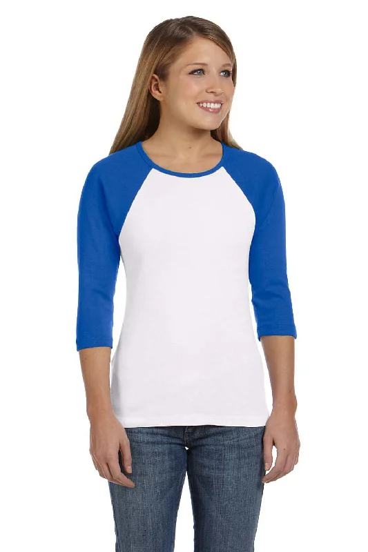 Women's cotton blend T - shirt with a soft feelBella + Canvas Womens 3/4 Sleeve Crewneck T-Shirt - White/True Royal Blue
