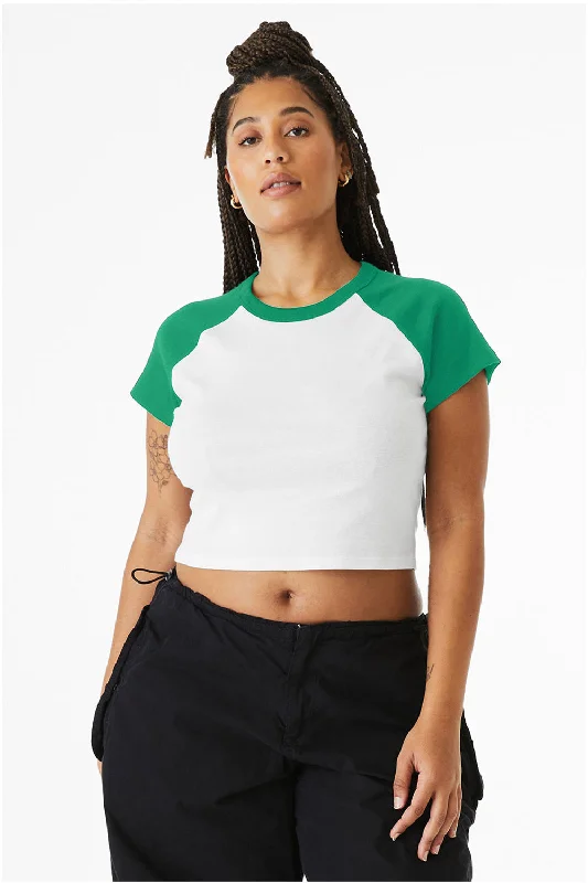 Women's T - shirt with a high - low hemBella + Canvas Womens Micro Ribbed Raglan Short Sleeve Crewneck Baby T-Shirt - White/Kelly Green