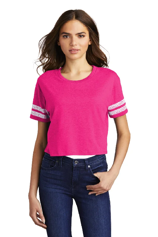 Women's button - down T - shirt in a classic styleDistrict Womens Scorecard Crop Short Sleeve Crewneck T-Shirt - Heather Dark Fuchsia Pink/White - Closeout