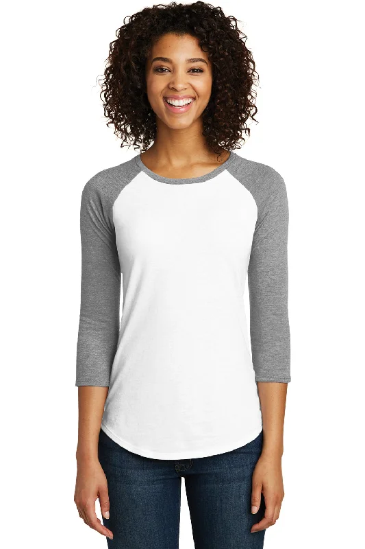 Printed women's T - shirt with a tropical patternDistrict Womens Very Important 3/4 Sleeve Crewneck T-Shirt - White/Heather Light Grey - Closeout