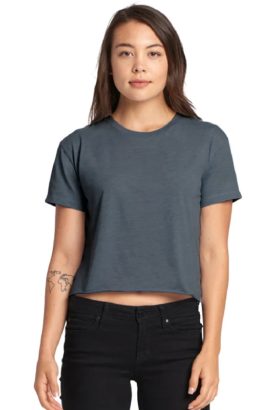 Cropped women's T - shirt with a pom - pom trimNext Level Womens Festival Cali Crop Short Sleeve Crewneck T-Shirt - Antique Denim Blue