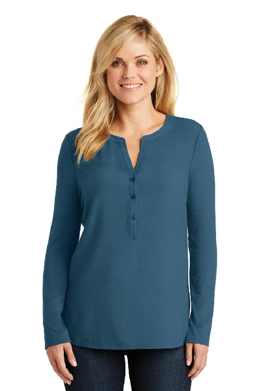 Oversized women's T - shirt with a slouchy fitPort Authority Womens Concept Jersey Long Sleeve Henley T-Shirt - Dusty Blue