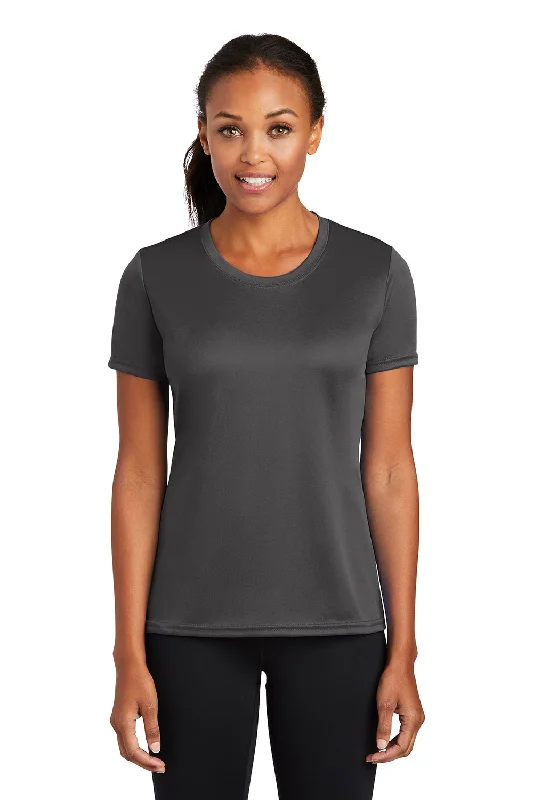 Cropped women's T - shirt with a pom - pom trimPort & Company Womens Dry Zone Performance Moisture Wicking Short Sleeve Crewneck T-Shirt - Charcoal Grey Cropped women's T - shirt with a pom - pom trimPort & Company Womens Dry Zone Performance Moisture Wicking Short Sleeve Crewneck T-Shirt - Charcoal Grey