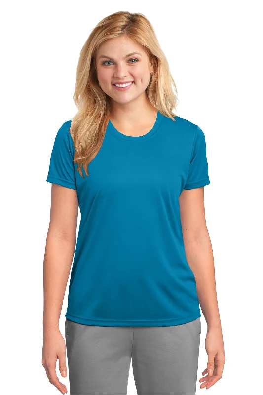 Printed women's T - shirt with a geometric - nautical patternPort & Company Womens Dry Zone Performance Moisture Wicking Short Sleeve Crewneck T-Shirt - Neon Blue - Closeout