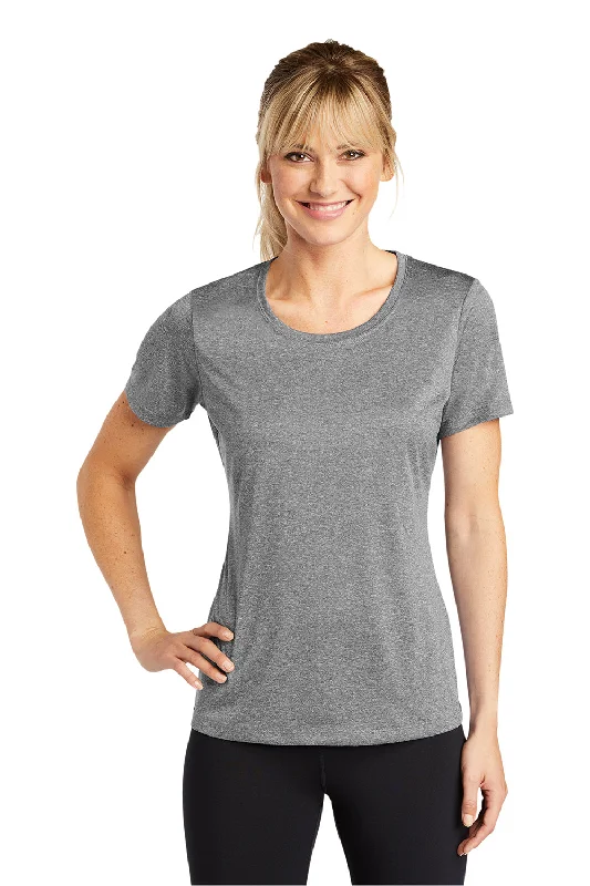 Fitted women's turtleneck T - shirt with a cut - out backSport-Tek Womens Contender Heather Moisture Wicking Short Sleeve Crewneck T-Shirt - Heather Vintage Grey