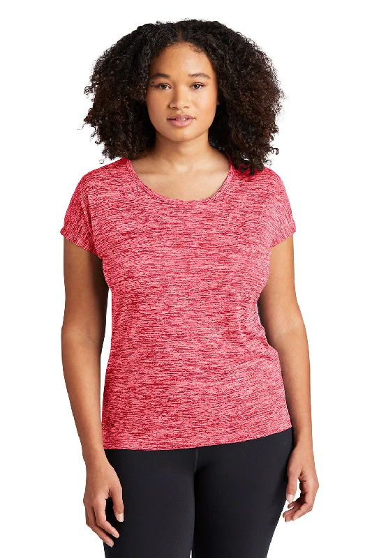Long - length women's T - shirt with a hood and a drawstringSport-Tek Womens Electric Heather Moisture Wicking Short Sleeve Crewneck T-Shirt - Deep Red Electric