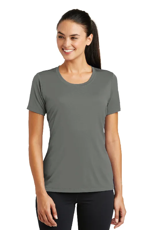 Open - work women's T - shirt with a lace - like patternSport-Tek Womens Tough Moisture Wicking Short Sleeve Crewneck T-Shirt - Dark Smoke Grey - Closeout
