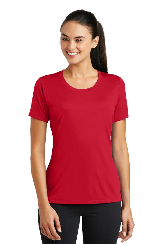 Women's T - shirt with a patch pocket and a button - down frontSport-Tek Womens Tough Moisture Wicking Short Sleeve Crewneck T-Shirt - Deep Red - Closeout