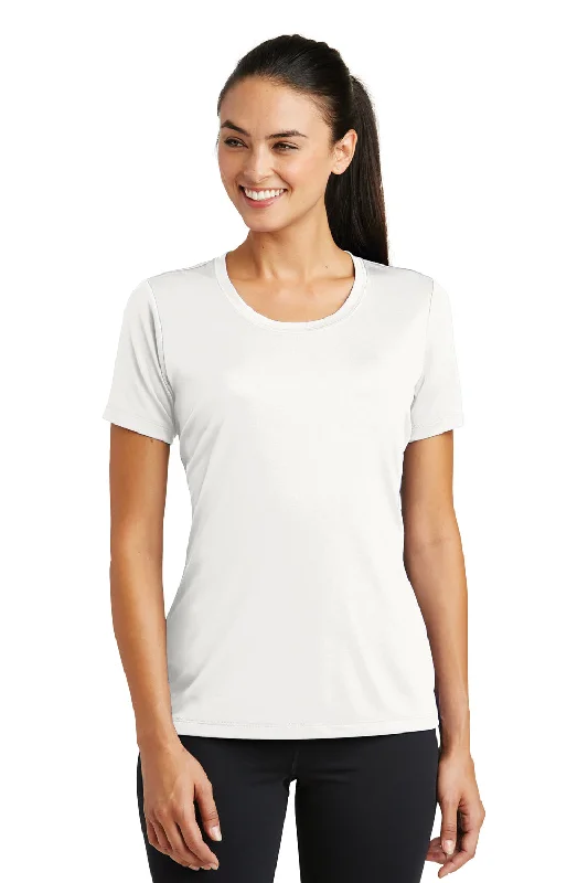 Open - work women's T - shirt with a scalloped hemSport-Tek Womens Tough Moisture Wicking Short Sleeve Crewneck T-Shirt - White - Closeout