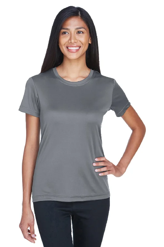 Women's T - shirt with a metallic - colored buttonUltraClub Womens Cool & Dry Performance Moisture Wicking Short Sleeve Crewneck T-Shirt - Charcoal Grey