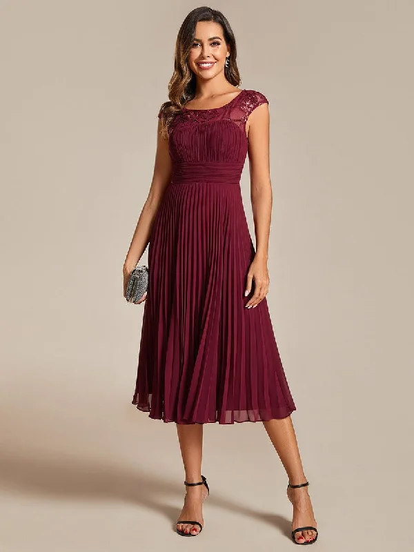 "Striped dresses for women with a classic touch"A-Line Pleated Chiffon Wedding Guest Dress with Round Neckline and Cap Sleeves