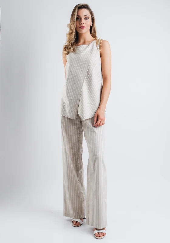 "Striped dresses for women with a classic touch"Camelot Striped Top & Trousers Two Piece Outfit, Beige