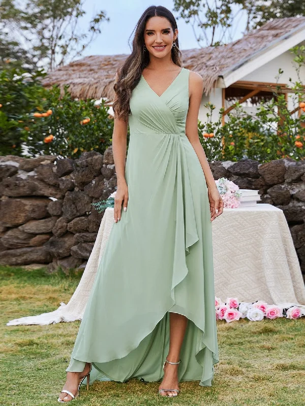 "Flash Sale: Grab Your Favorite Women's Dresses at Unbeatable Prices!"Chic High-Low V-Neck Chiffon Bridesmaid Dress with Front Pleating "Flash Sale: Grab Your Favorite Women's Dresses at Unbeatable Prices!"Chic High-Low V-Neck Chiffon Bridesmaid Dress with Front Pleating