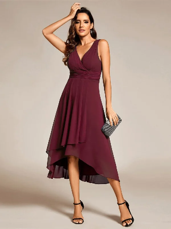 "Floral print dresses for women for a feminine look"Chic V-Neck Pleated Sleeveless High-Low Chiffon Wedding Guest Dress